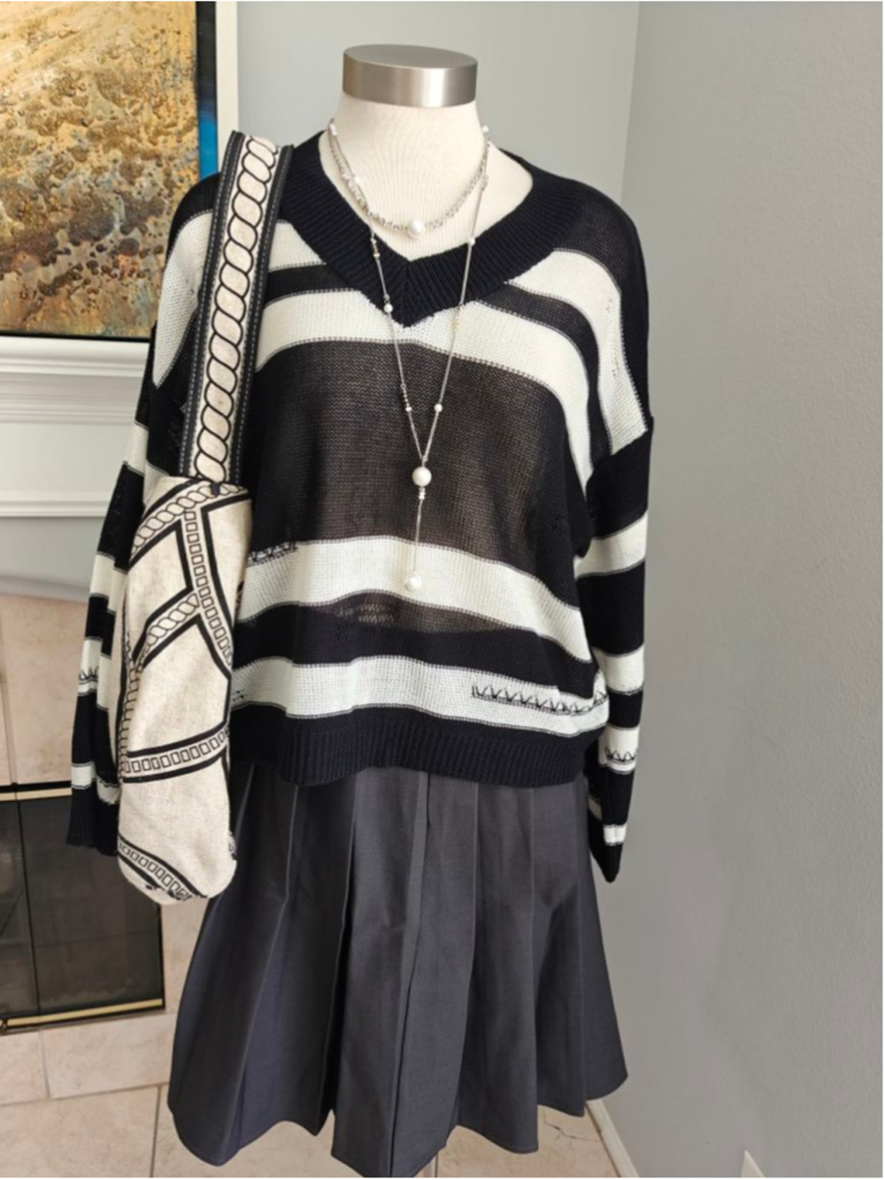 Black & White Striped Open Knit Sweater | Oversized Sheer V-Neck Pullover | Kore